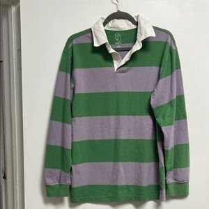 Original Use Green Purple Rugby Striped Long Sleeve Cotton Polo Shirt Men’s Smal